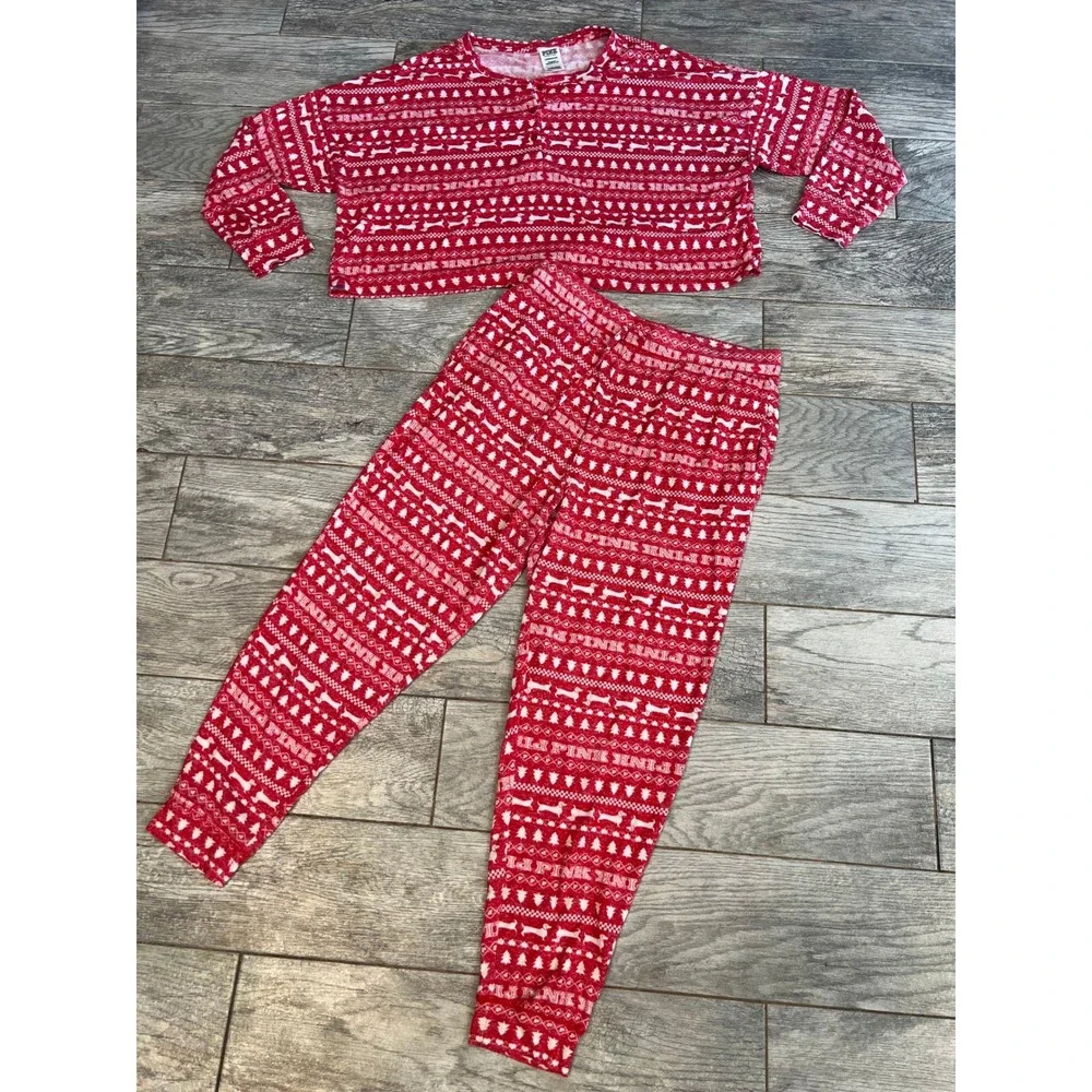 PINK Victorias Secret Pajama Set Large Red Fair Isle Dog Logo 2 pc PJ Set Nordic